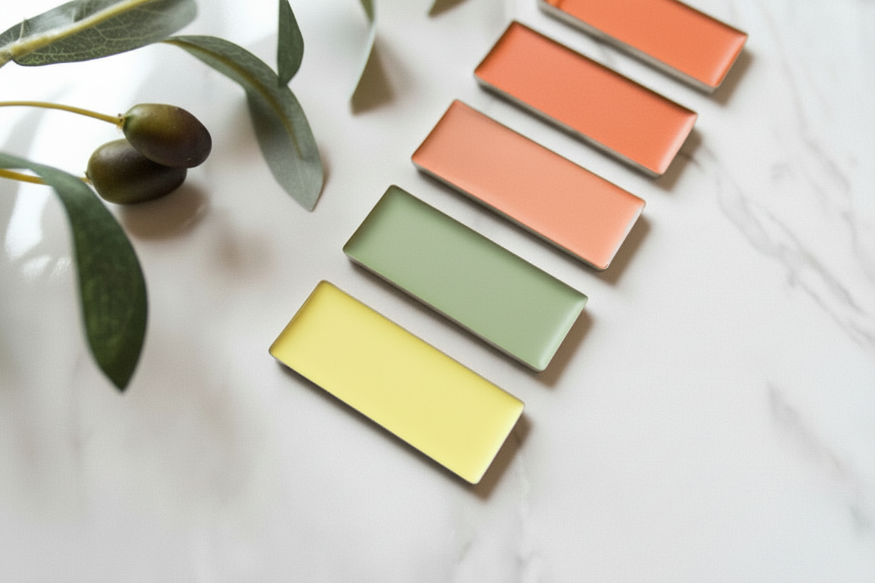 Color swatches in green, yellow, orange on a marble surface with olive branches.