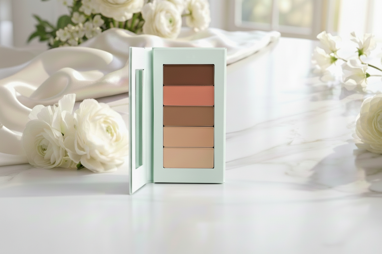 Organic Makeup palette with 5 shades on a light surface with white flowers in the background