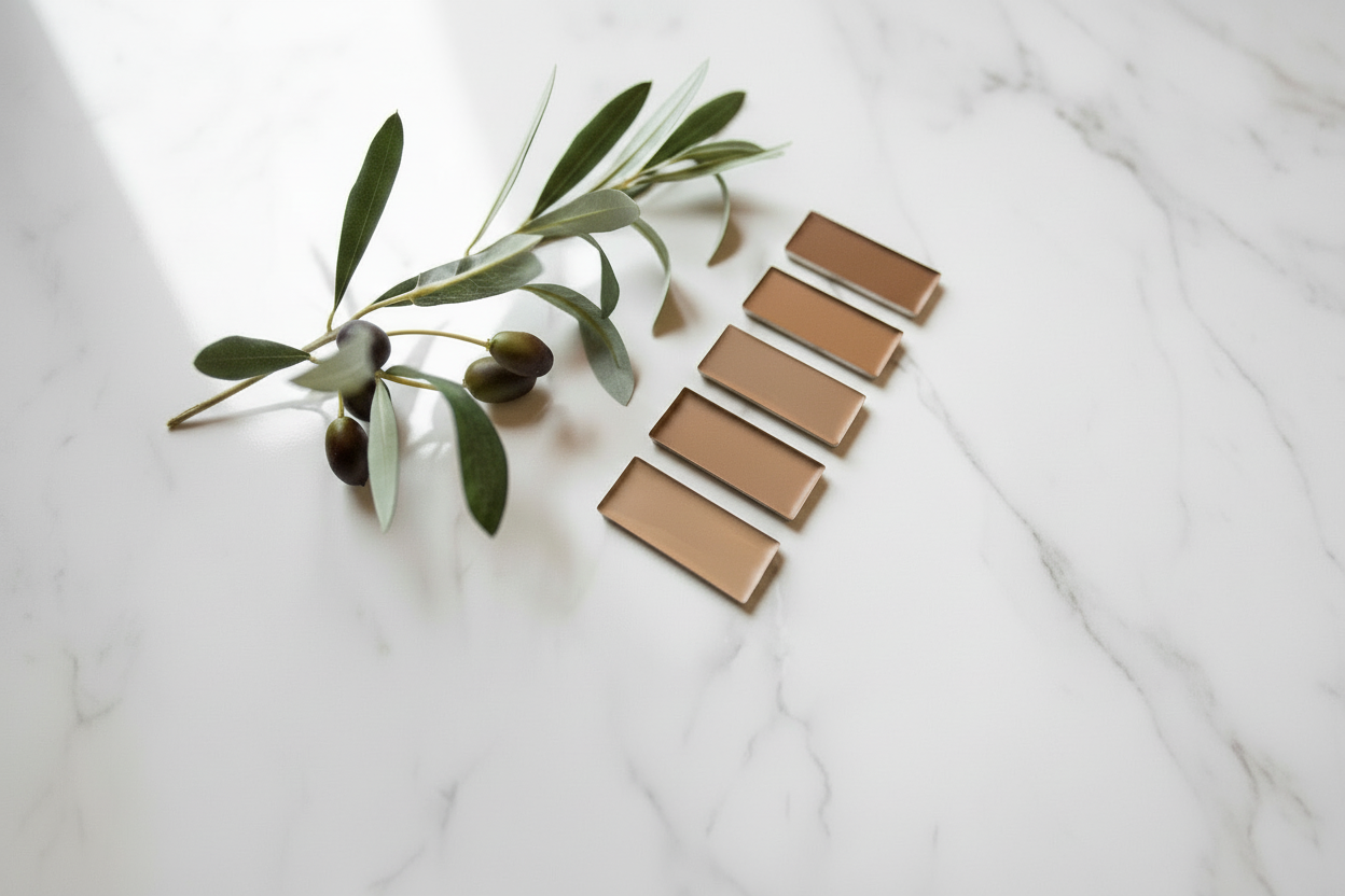 Set of bronze color swatches on a marble surface with an olive branch.
Natural contour makeup