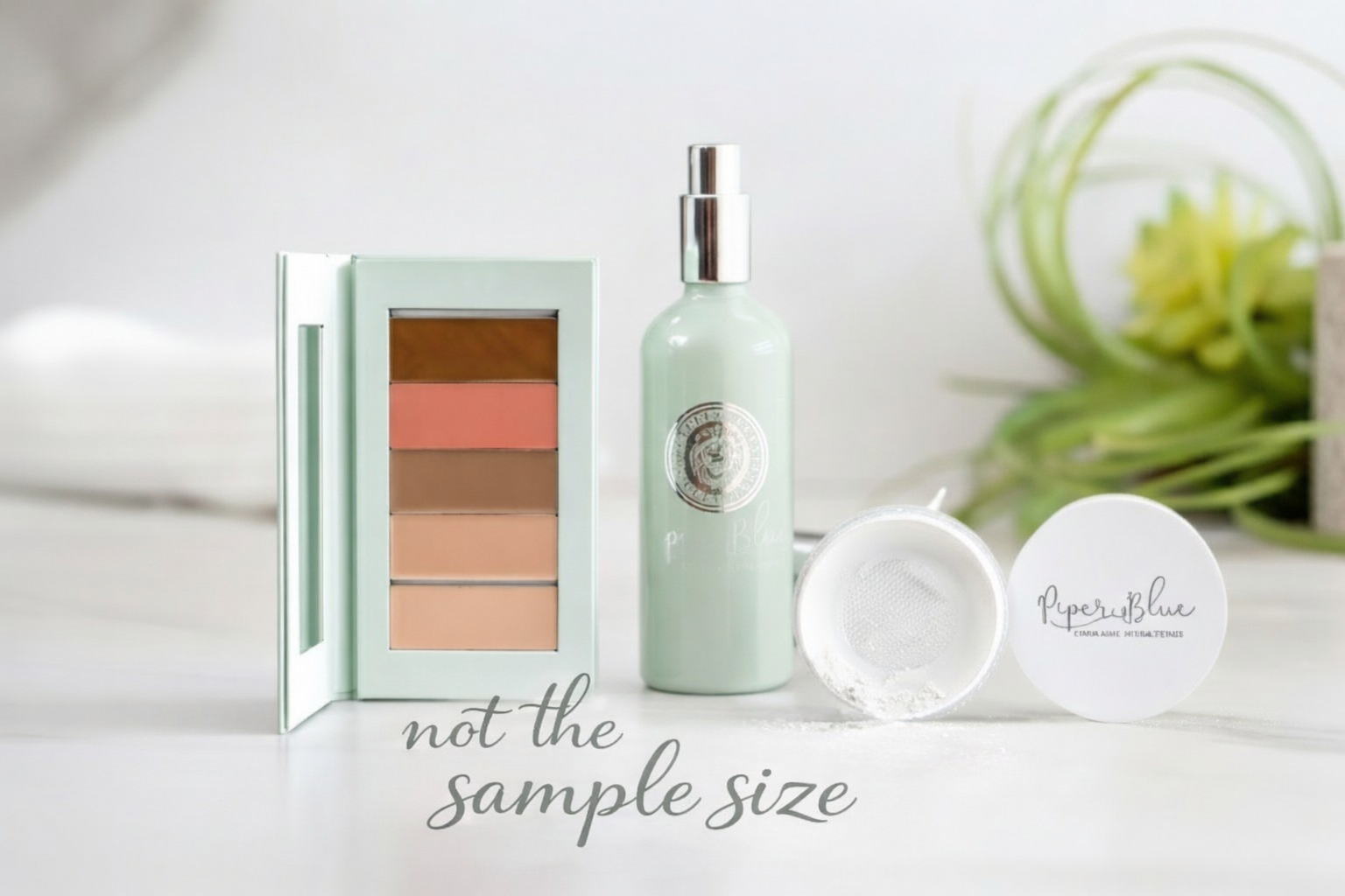 Cosmetic products including a bottle, mirror, and container on a white surface with 'not the sample size' text.