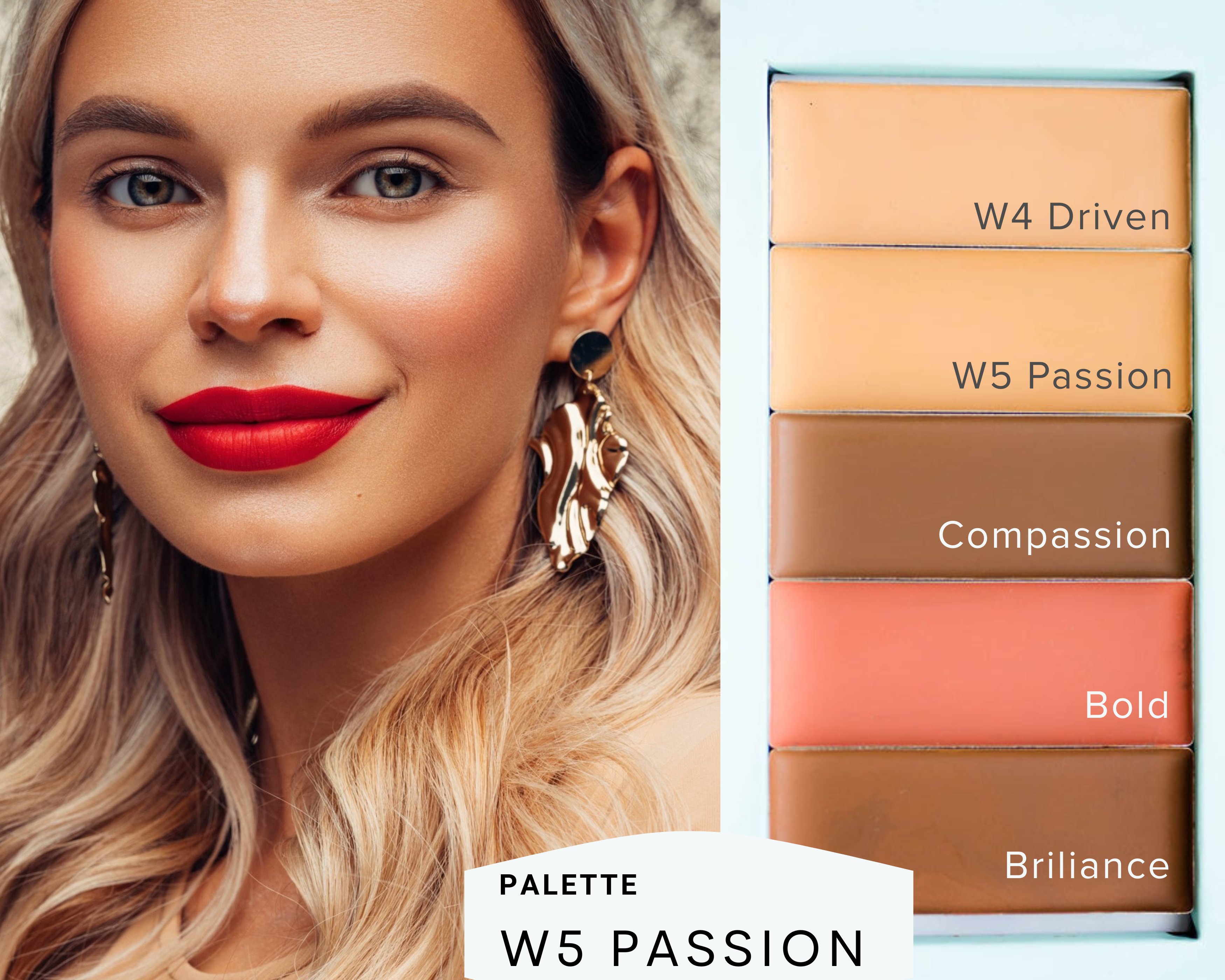 Woman with red lipstick and earrings next to a makeup palette labeled 'W5 Passion'. nautral makeup pre-built palette