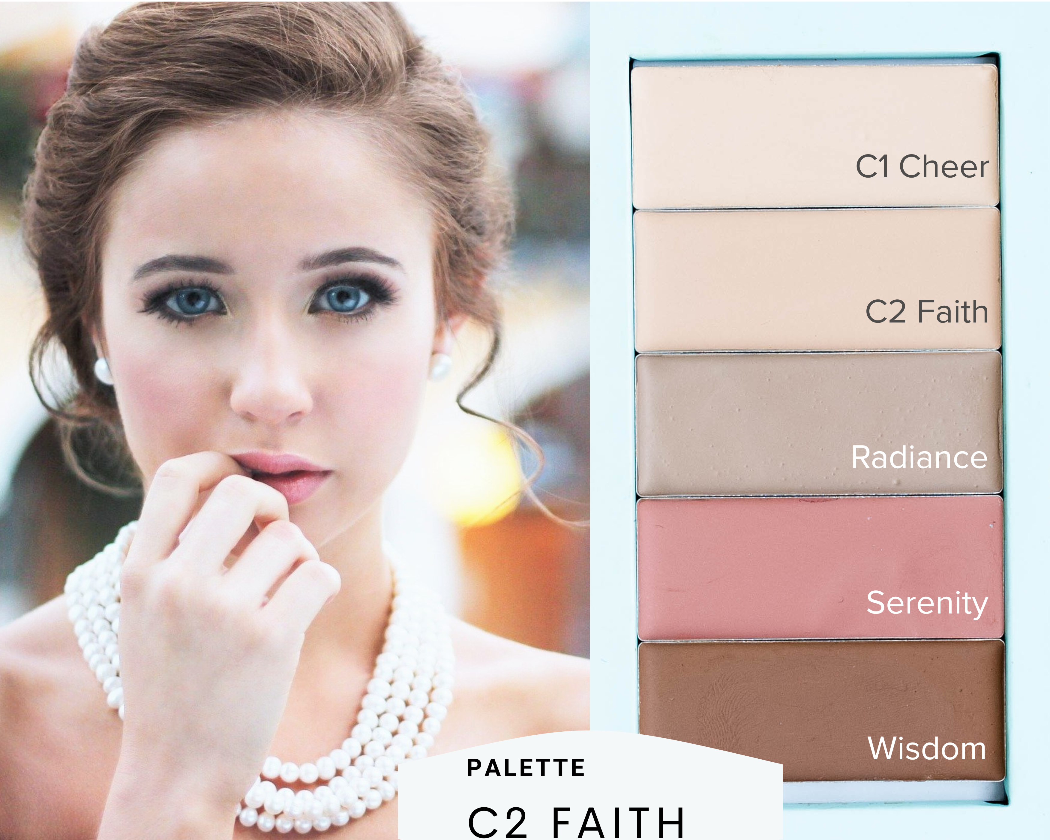 Woman with makeup palette labeled 'C2 Faith' on a blurred outdoor background natural makeup pre-built palette