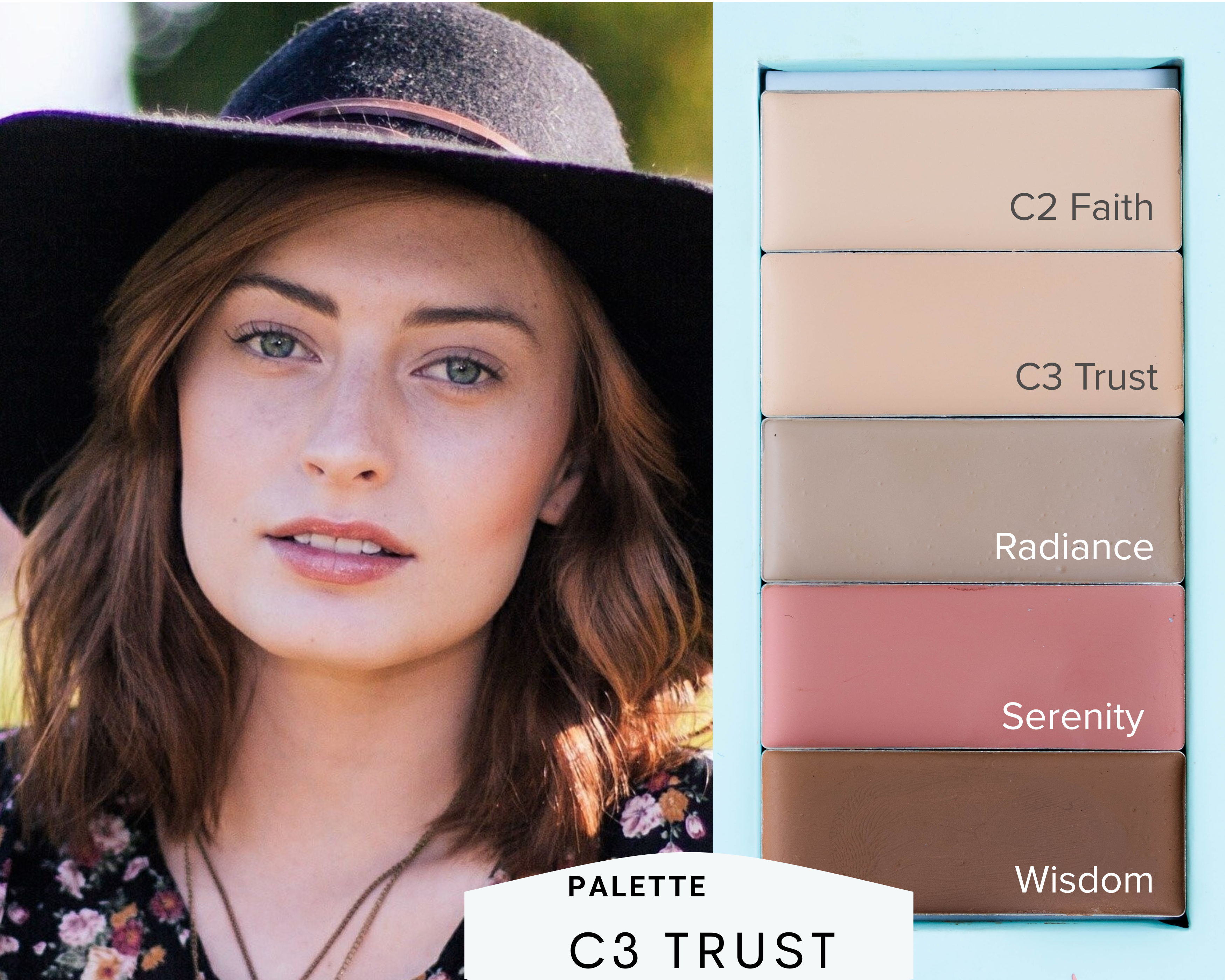Woman wearing a black hat with makeup color swatches labeled 'C3 Trust' on a blue background. natural makeup pre-built palette