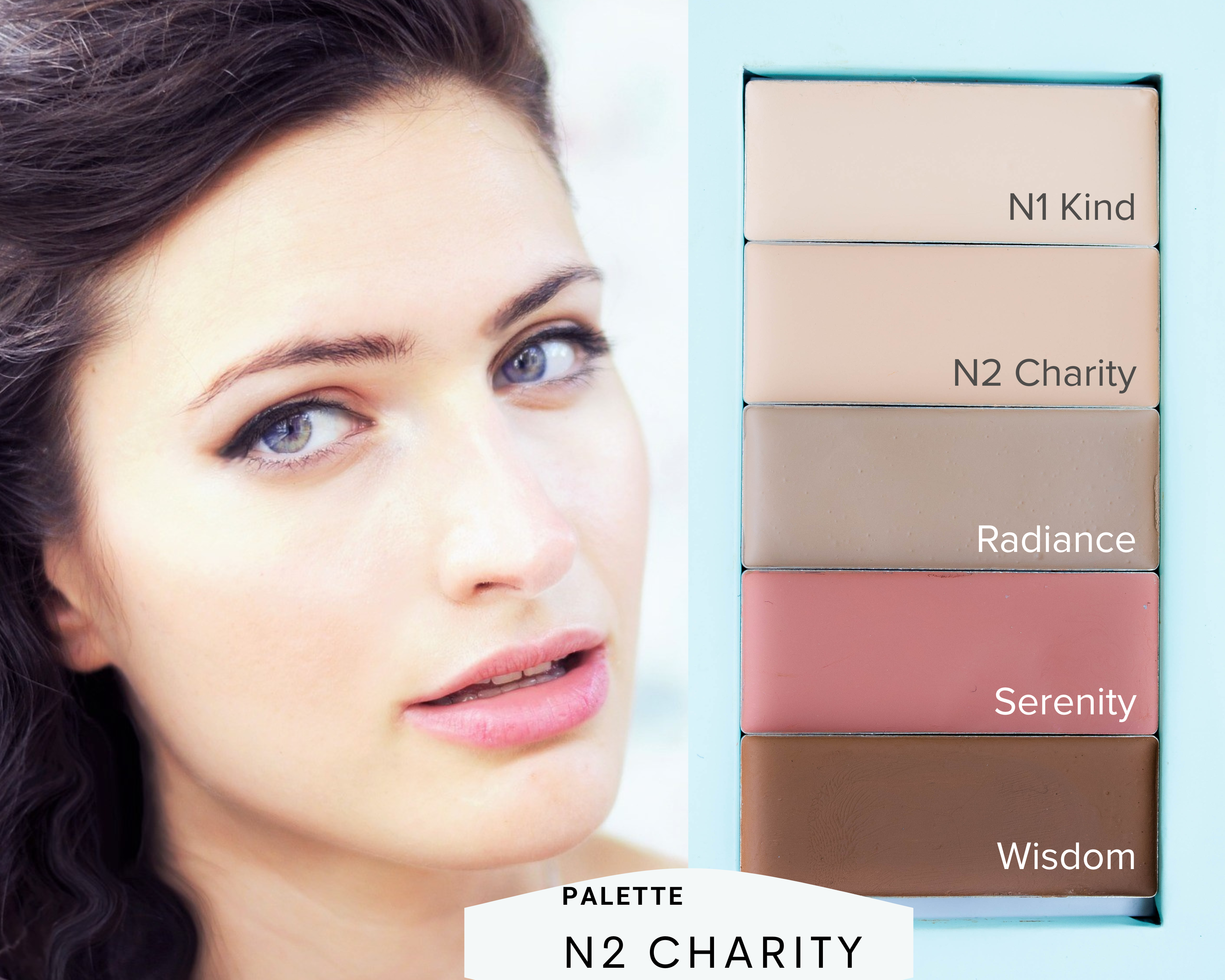 Makeup palette labeled 'N2 Charity' with a model wearing earrings and makeup. natural makeup pre-built palette