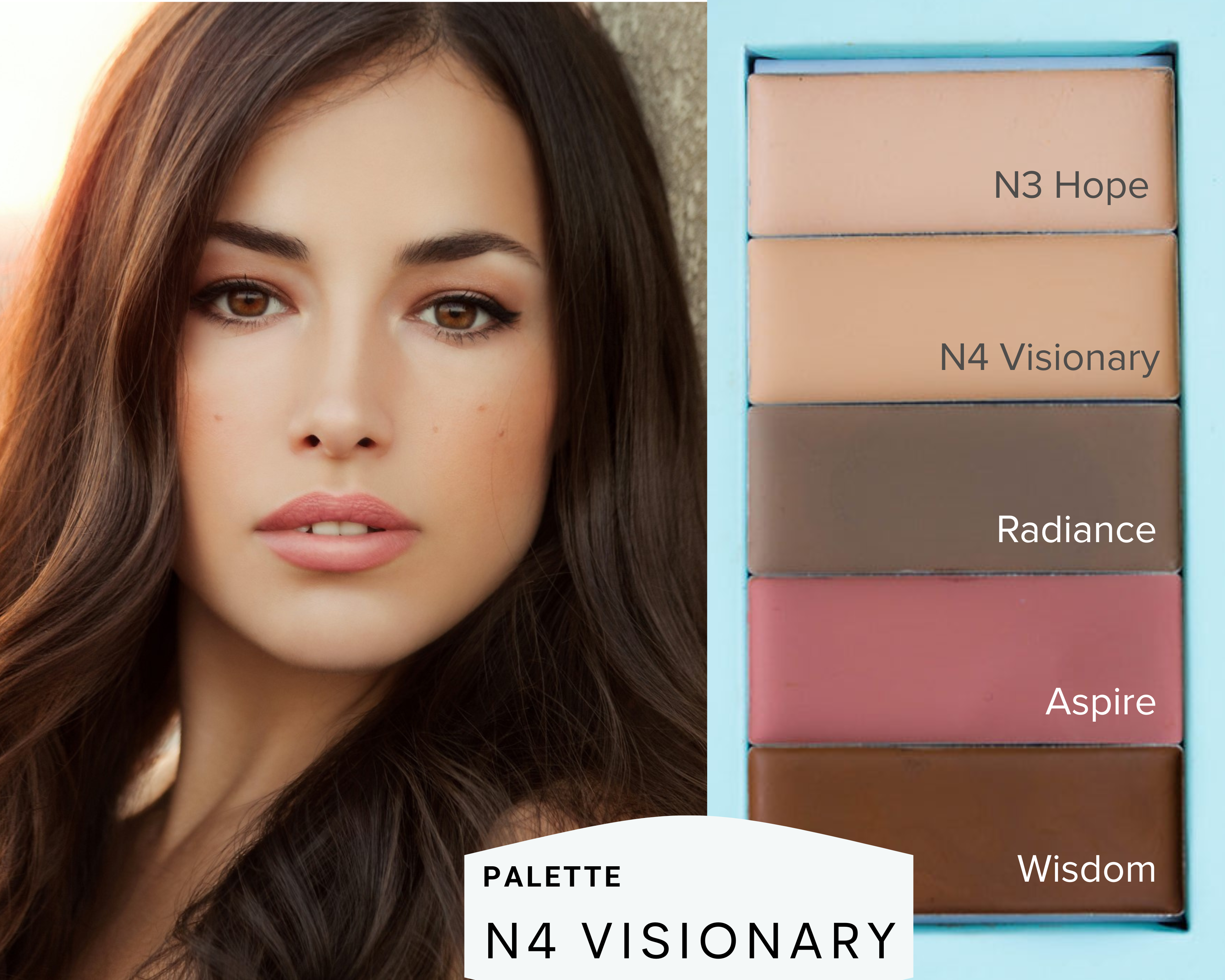 Makeup palette with shades labeled N3 Hope, N4 Visionary, Radiance, Aspire, and Wisdom next to a model wearing makeup. natural makeup pre-built palette