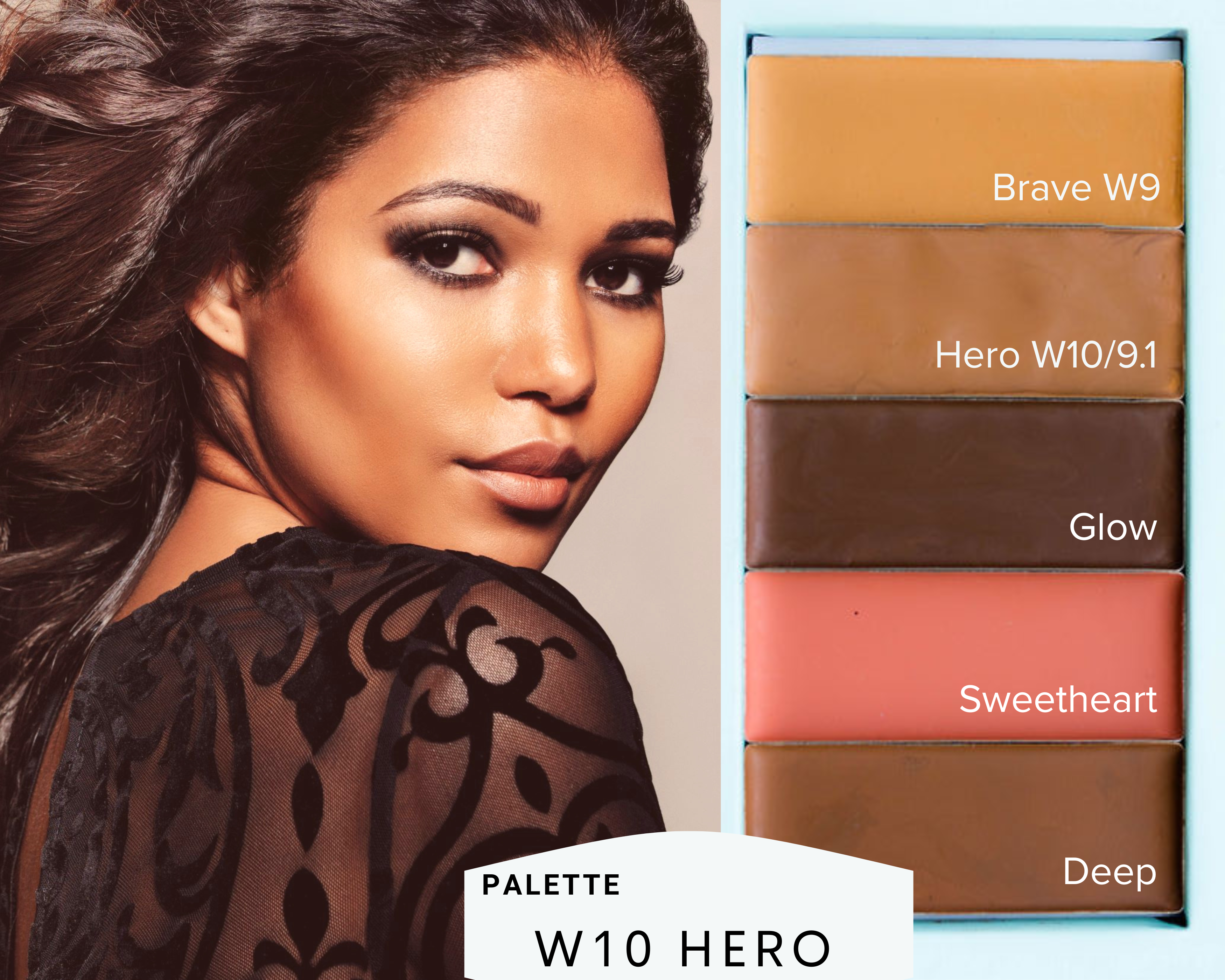 Woman with makeup palette showing color swatches labeled W10 Hero Natural makeup