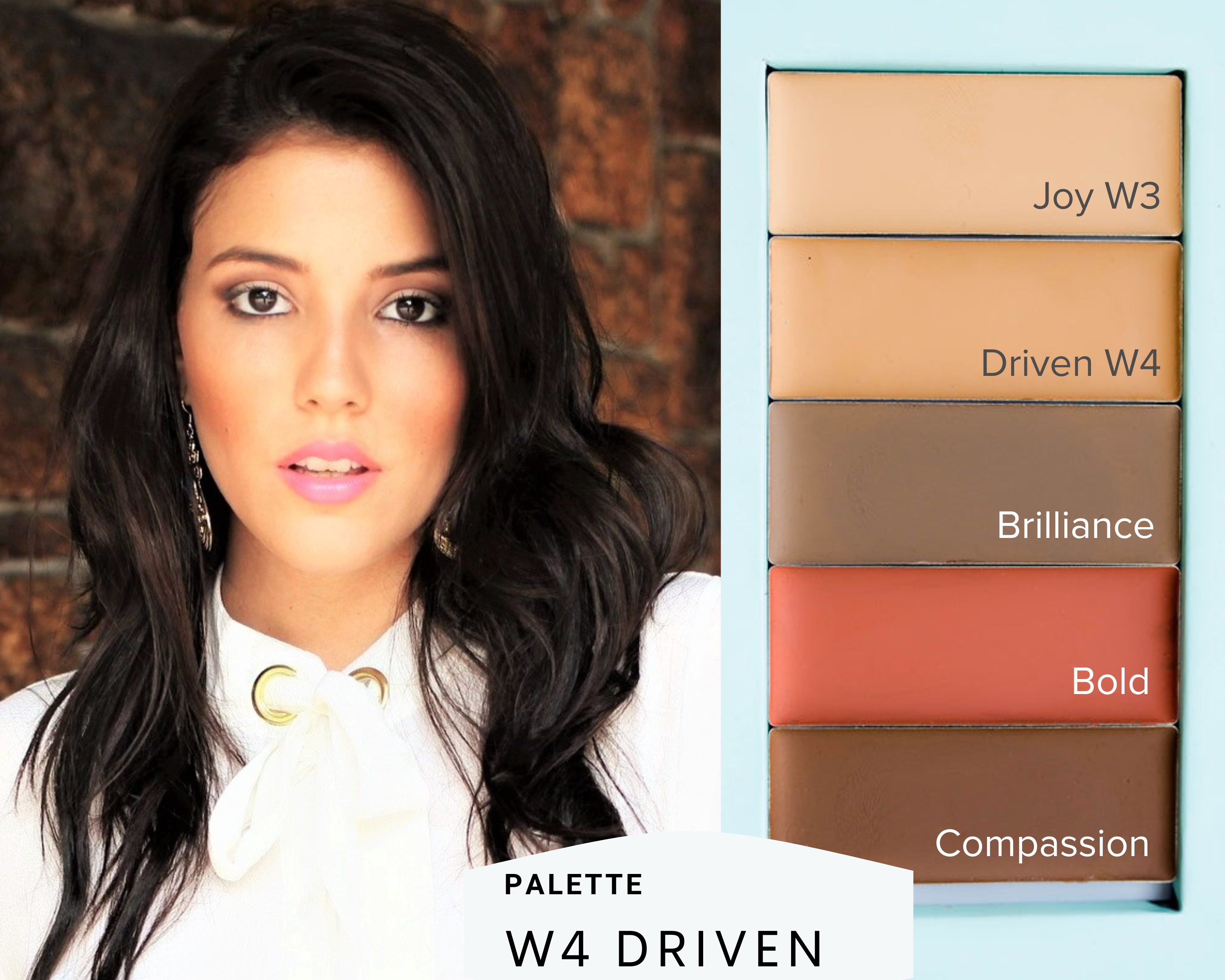 Woman with makeup palette labeled 'W4 Driven' featuring color swatches. natural makeup pre-built palette