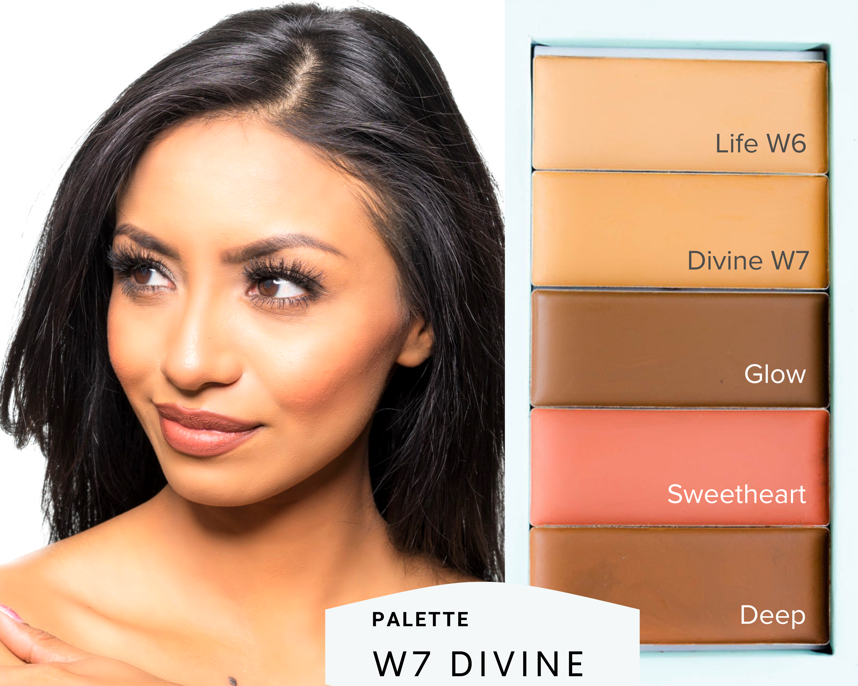 Woman with makeup palette labeled W7 Divine on a white background natural makeup pre-built palette