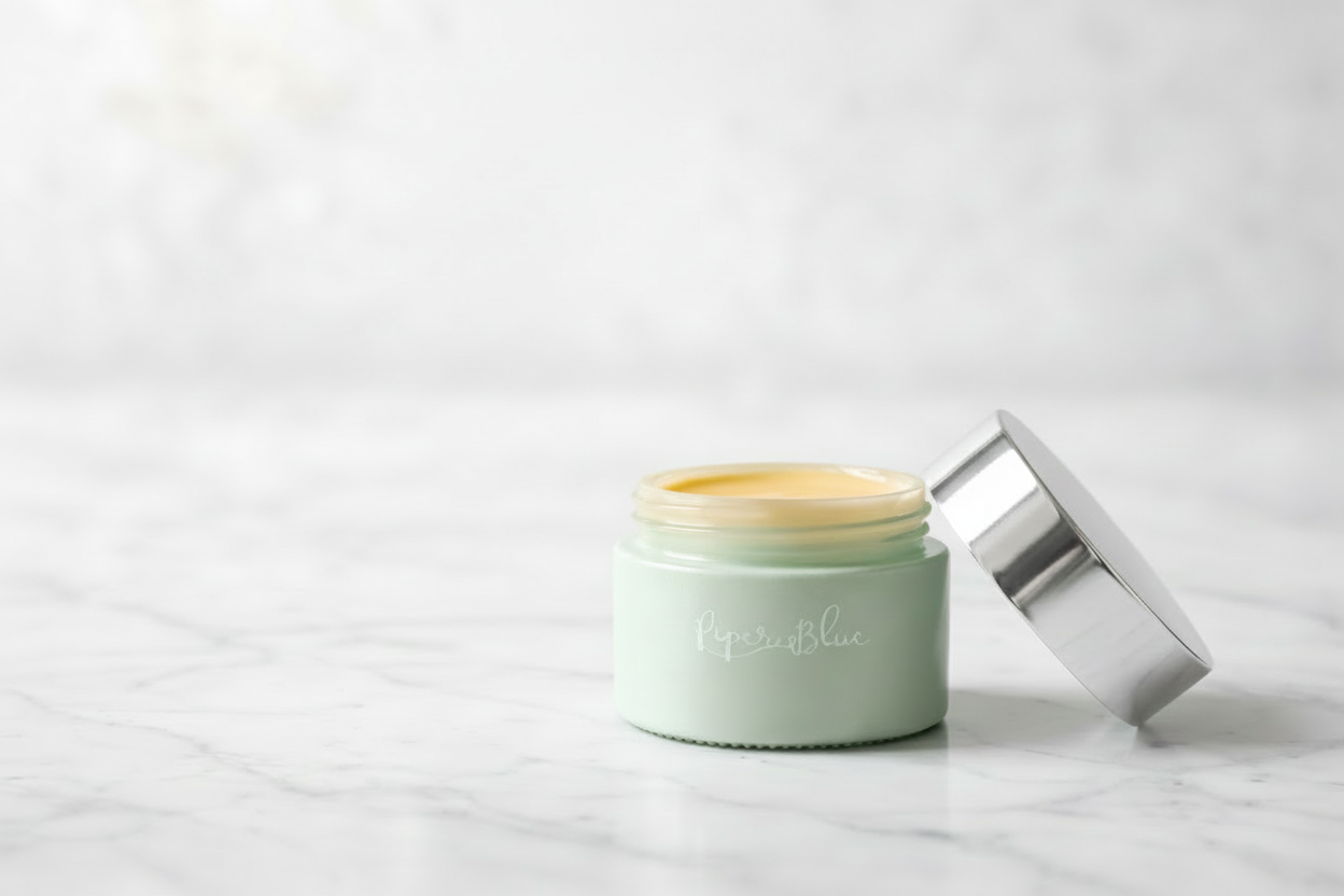Green jar of cream with a silver lid on a white background natural makeup