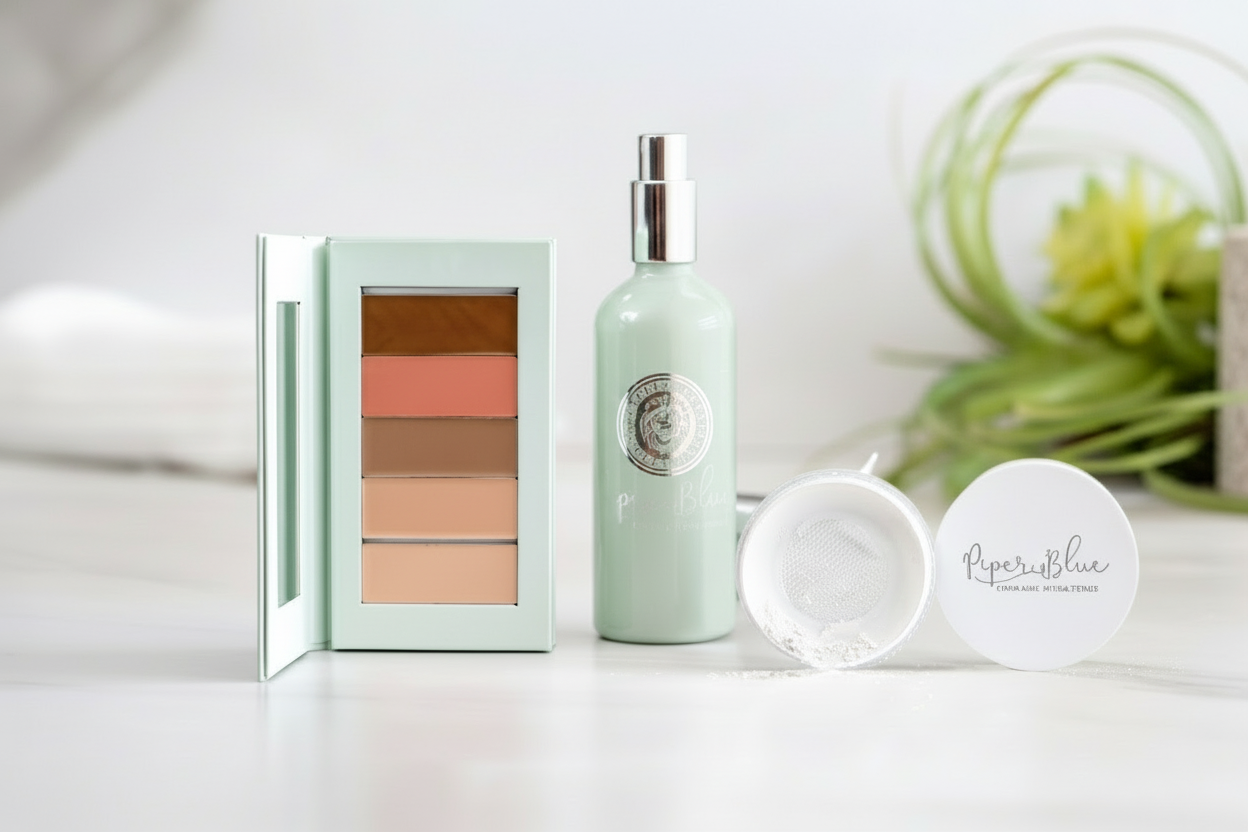 Makeup products including a compact with color swatches and a bottle on a white surface.