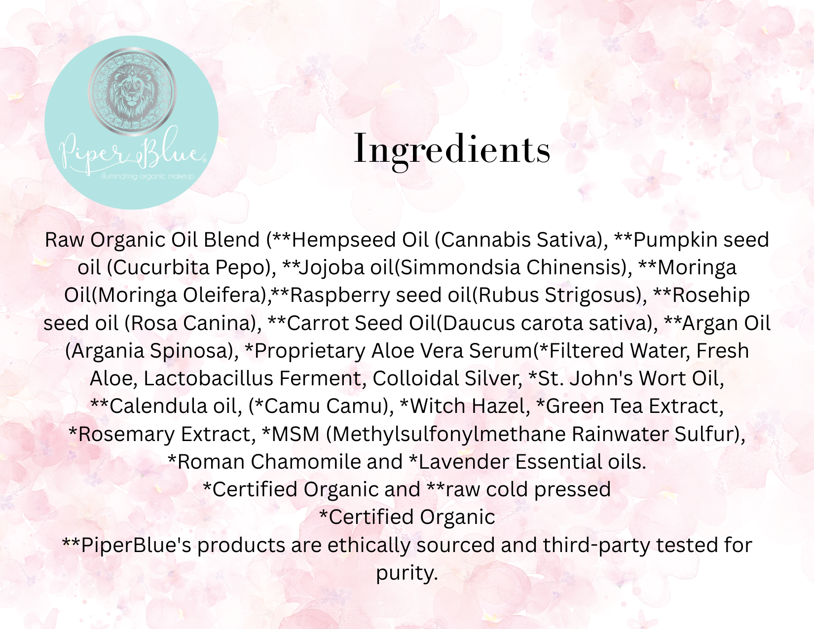 List of ingredients for a product with a pink floral background and branding.