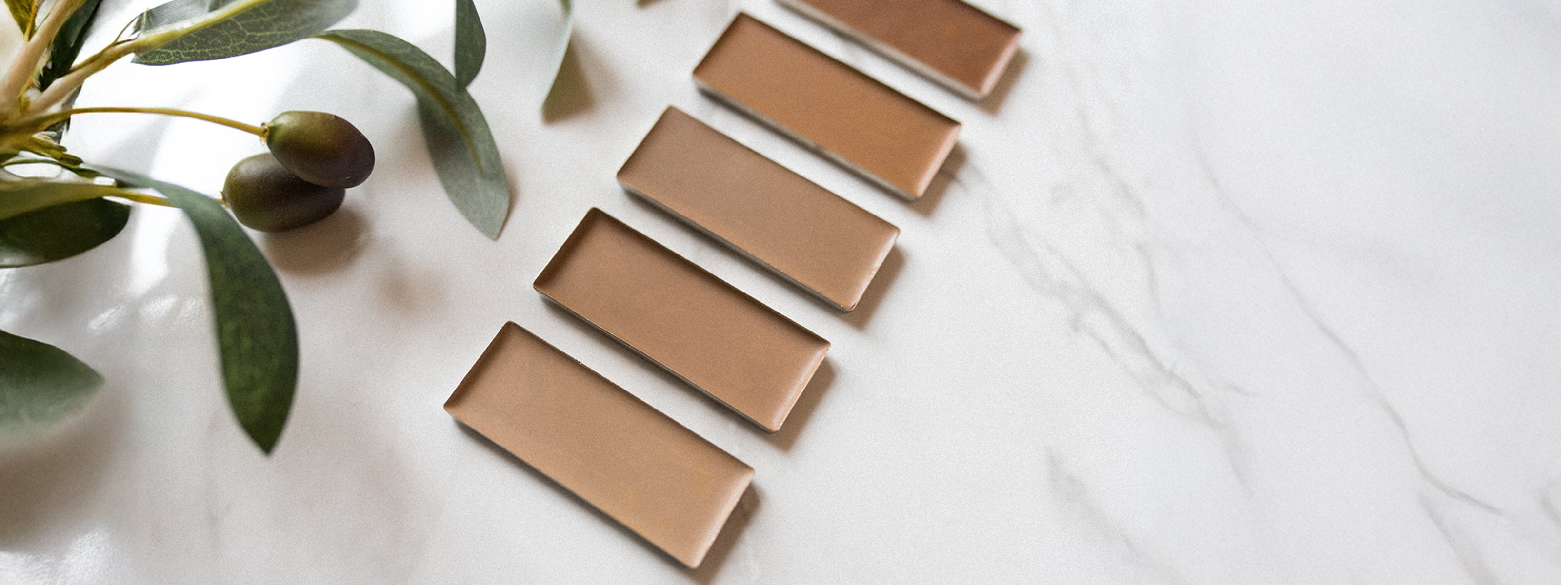Tins of bronzer lined up by shade with an olive branch placed nearby