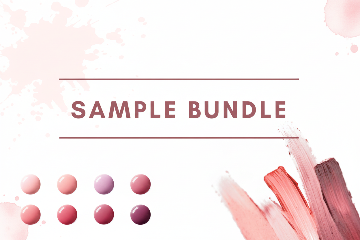 Sample Bundle listed in the middle, with drops of product in the left with swatches of shades of pink lip butter in the right corner