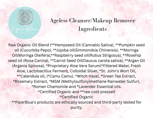 List of ingredients for Ageless Cleanser/Makeup Remover with a pink floral background