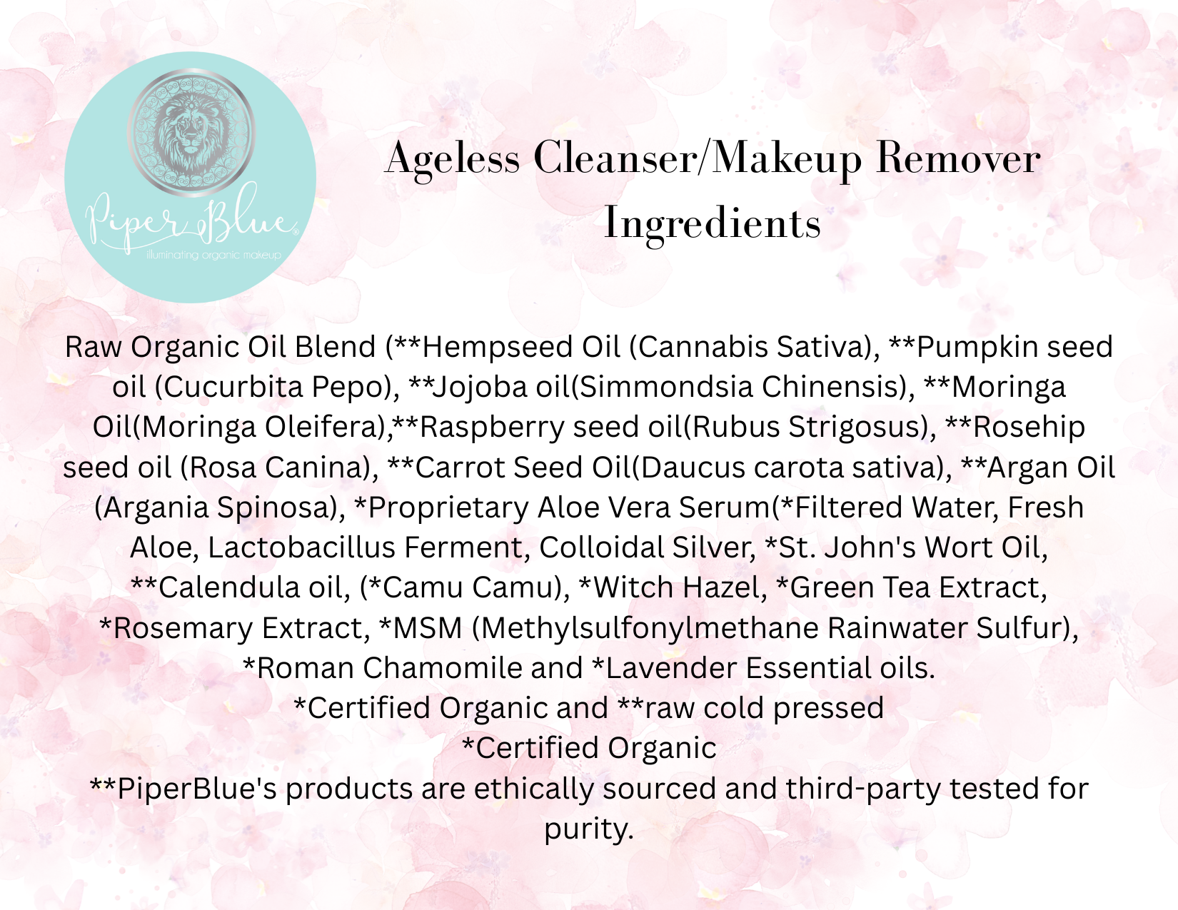 Listed ingredients of the Cleanser/Makeup Remover with a pink background