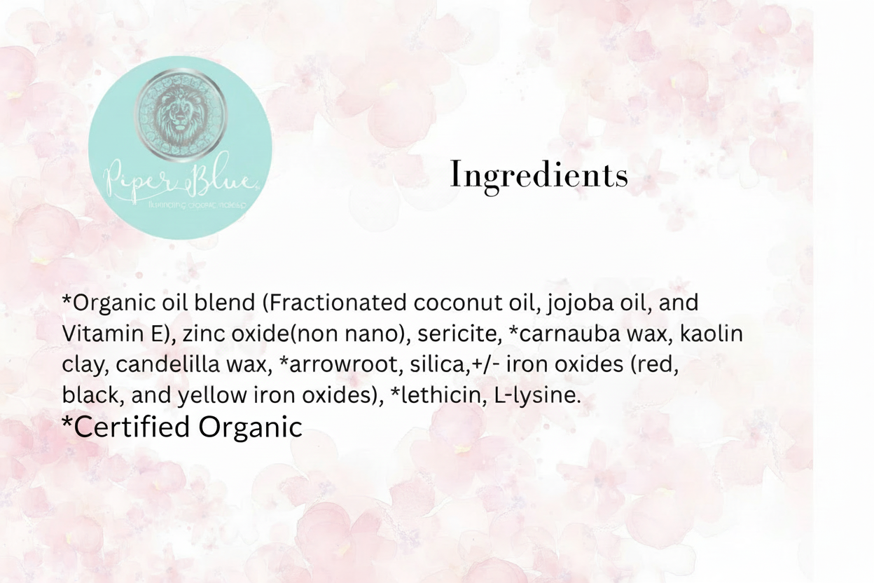 List of ingredients with a brand logo on a pink floral background