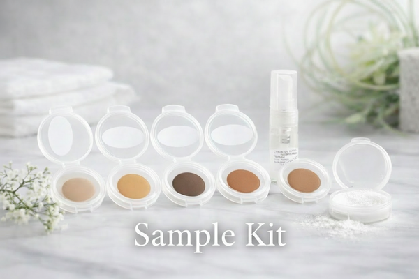 organic makeup Sample kit with cosmetic products on a light background