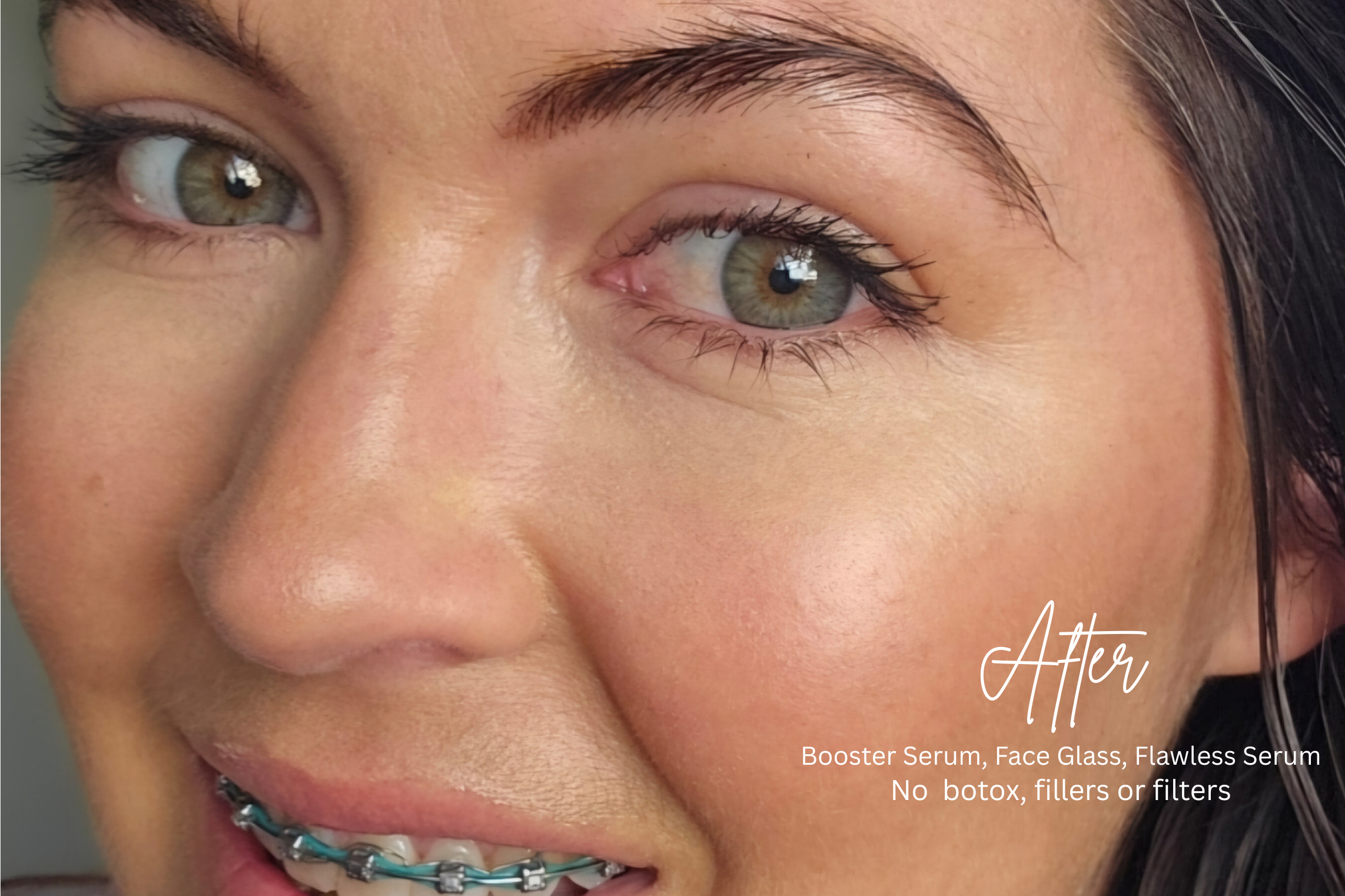 Close-up of a person's face with text indicating 'After' and cosmetic product names.

Organic makeup