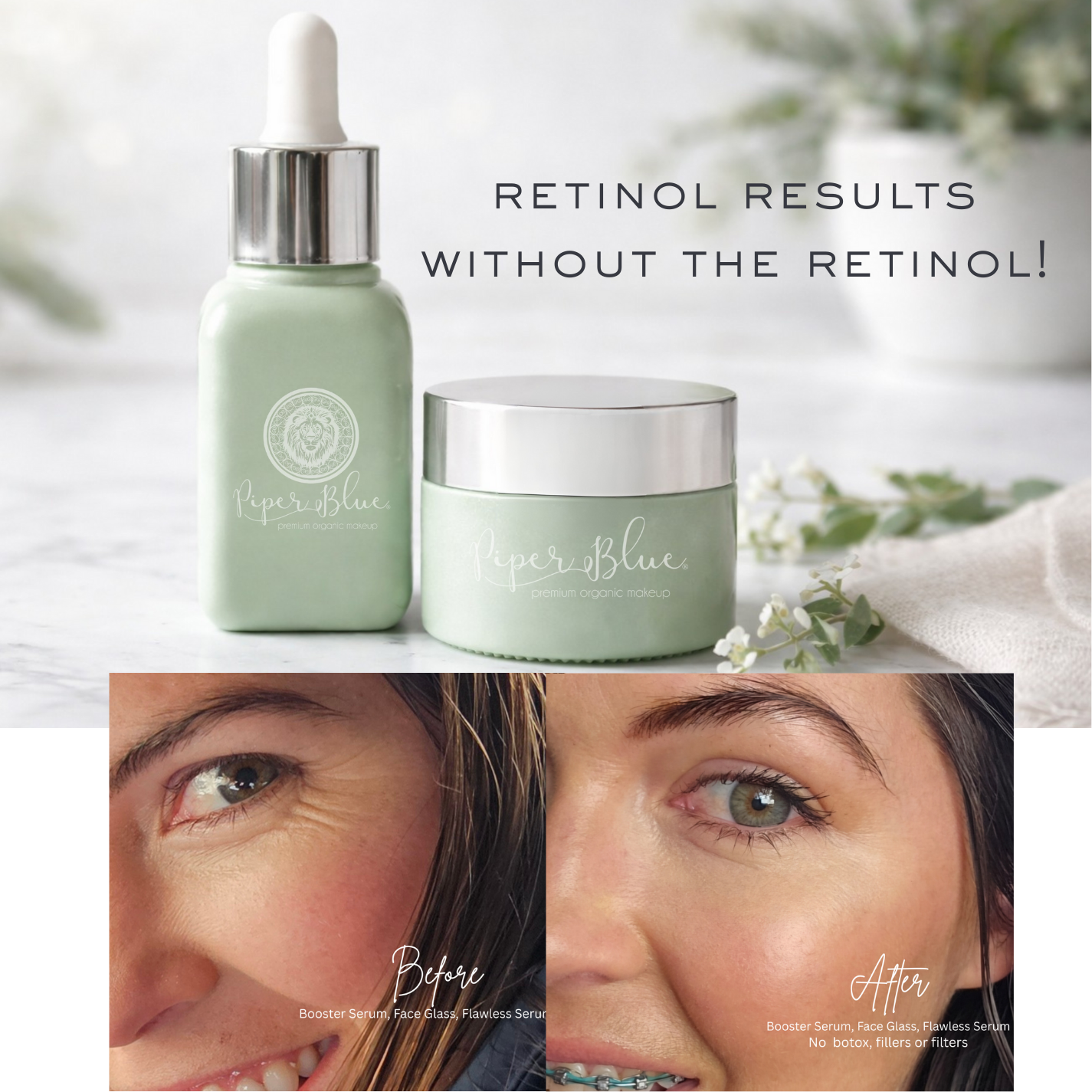 Cosmetic products with 'Paper Blue' branding, showing before and after effects on skin.