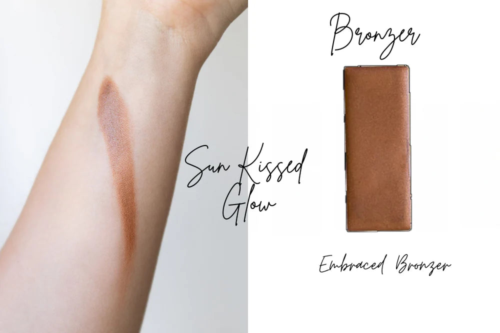 Bronzer swatch on skin and bronzer stick with 'Sun Kissed Glow' and 'Embraced Bronzer' text. Natural Makeup