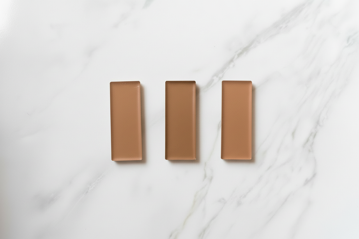 Three rectangular brown objects on a white marble surface. Natural bronzer
