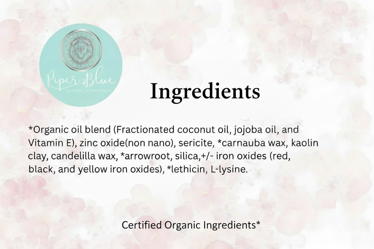 Ingredients list for a cosmetic product with a pink floral background and Piper & Blue logo. natural makeup