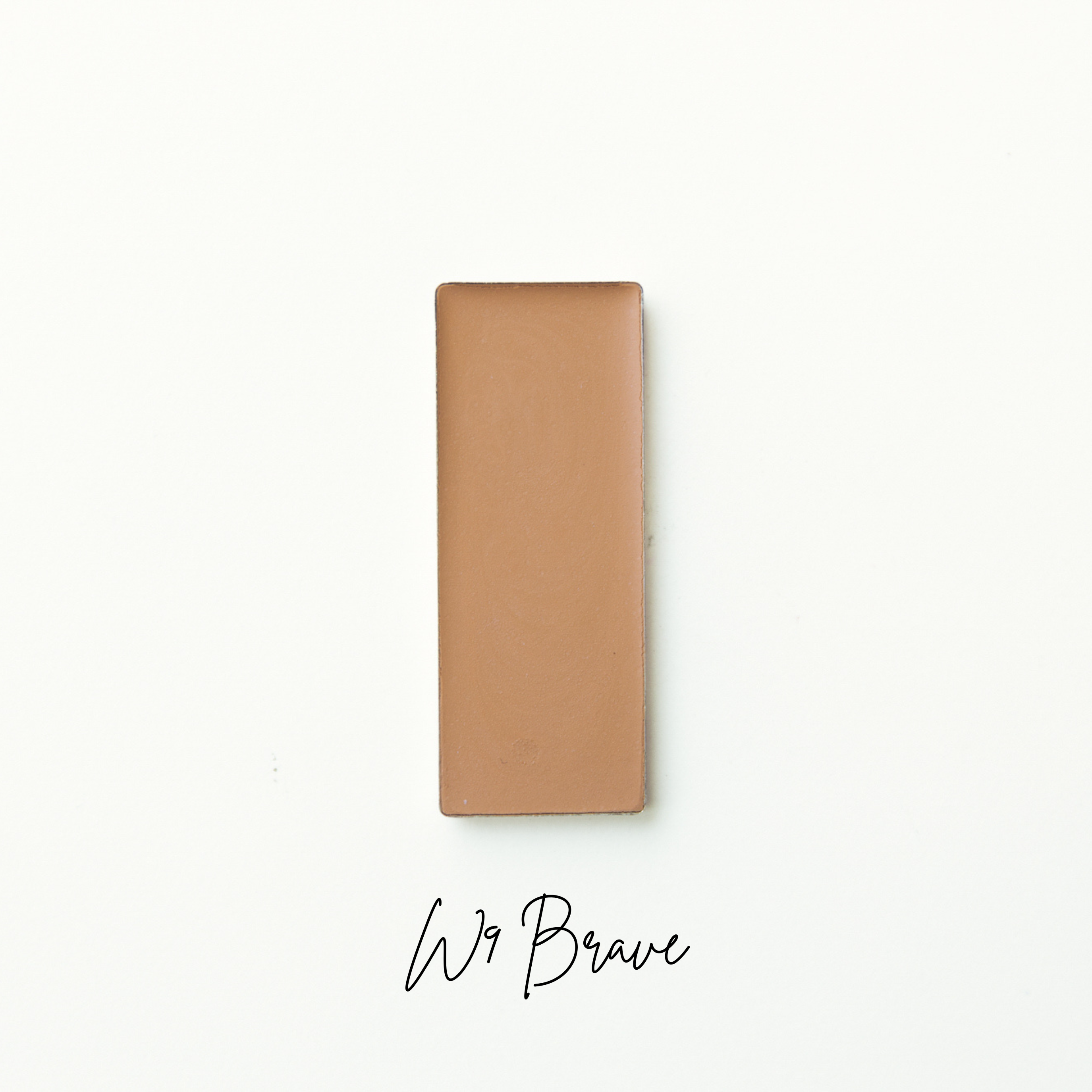 Tan wallet on a white background with 'We Brave' branding. natural makeup
