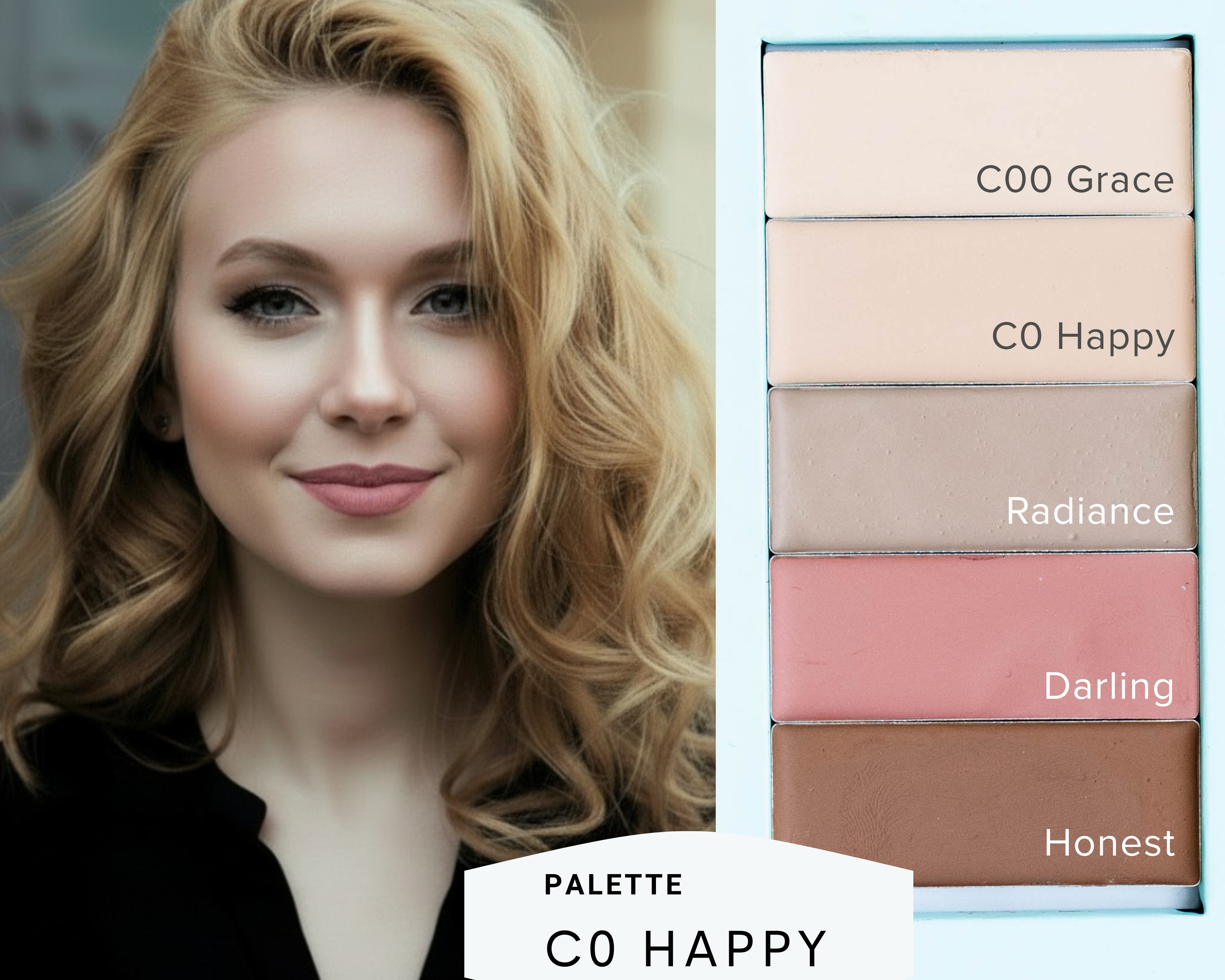 Woman with makeup palette labeled 'CO Happy' on a gray background
pre-built palette natural makeup