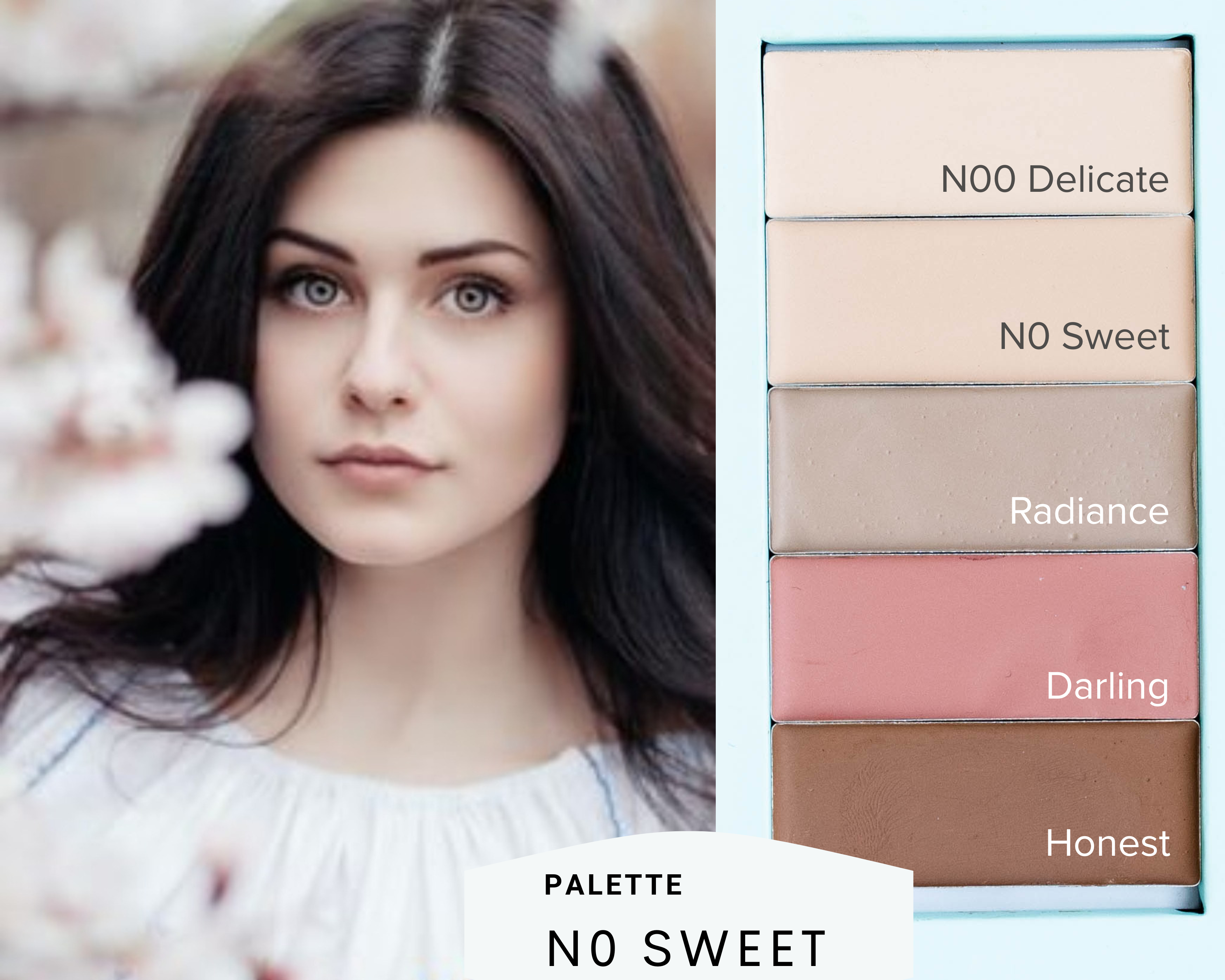 Woman with makeup palette labeled 'NO SWEET' on a blurred background natural makeup pre-built palette