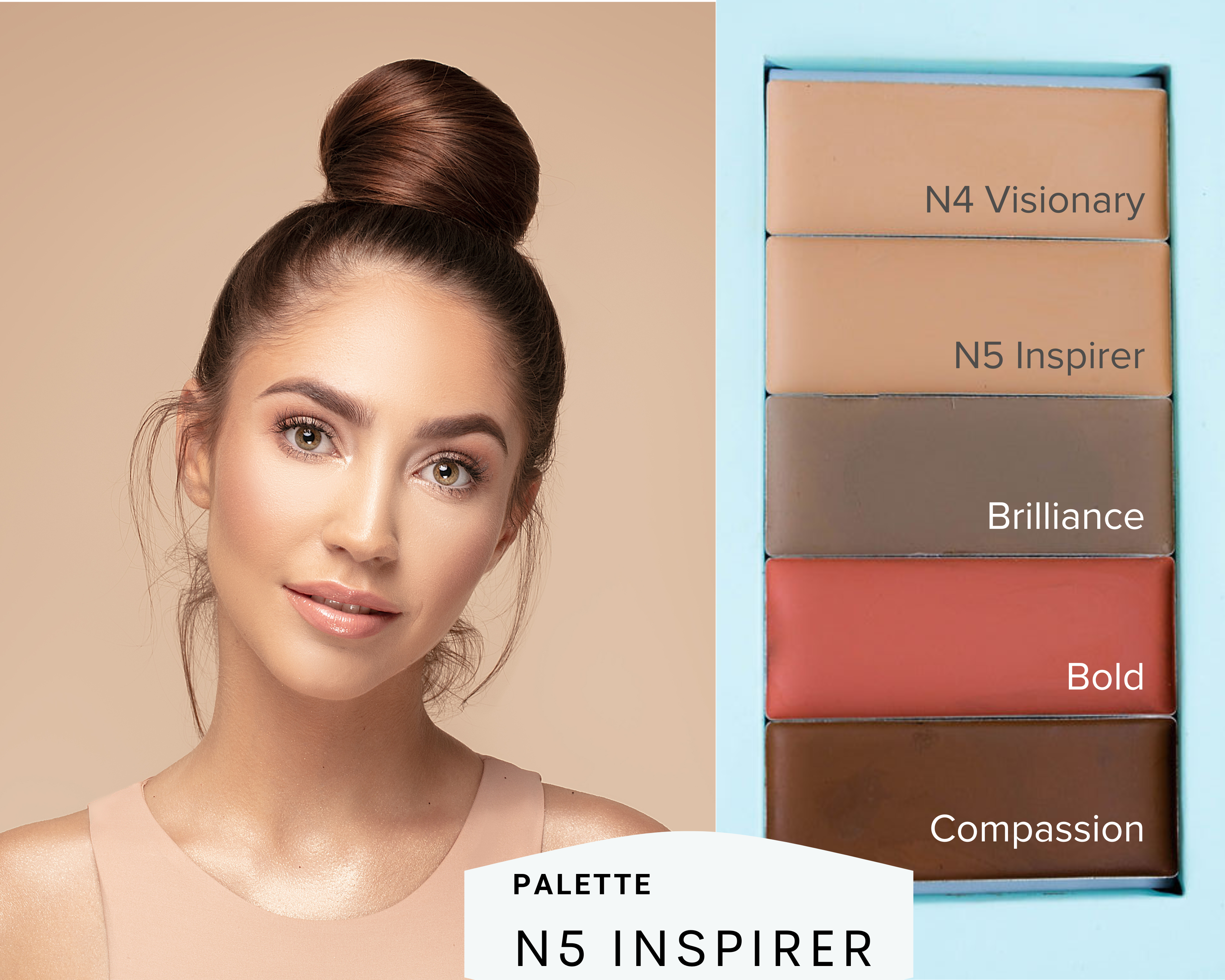 Makeup palette labeled 'N5 inspirer' with a model wearing makeup. natural makeup pre-built palette