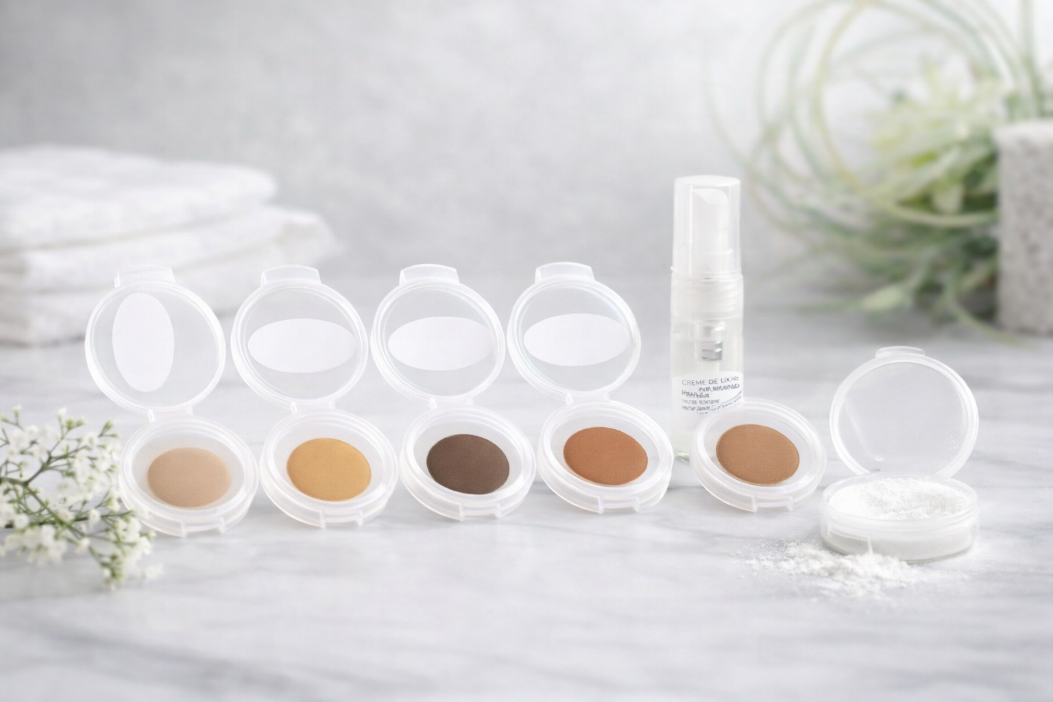 Set of makeup products including compact cases with brown shades on a light background