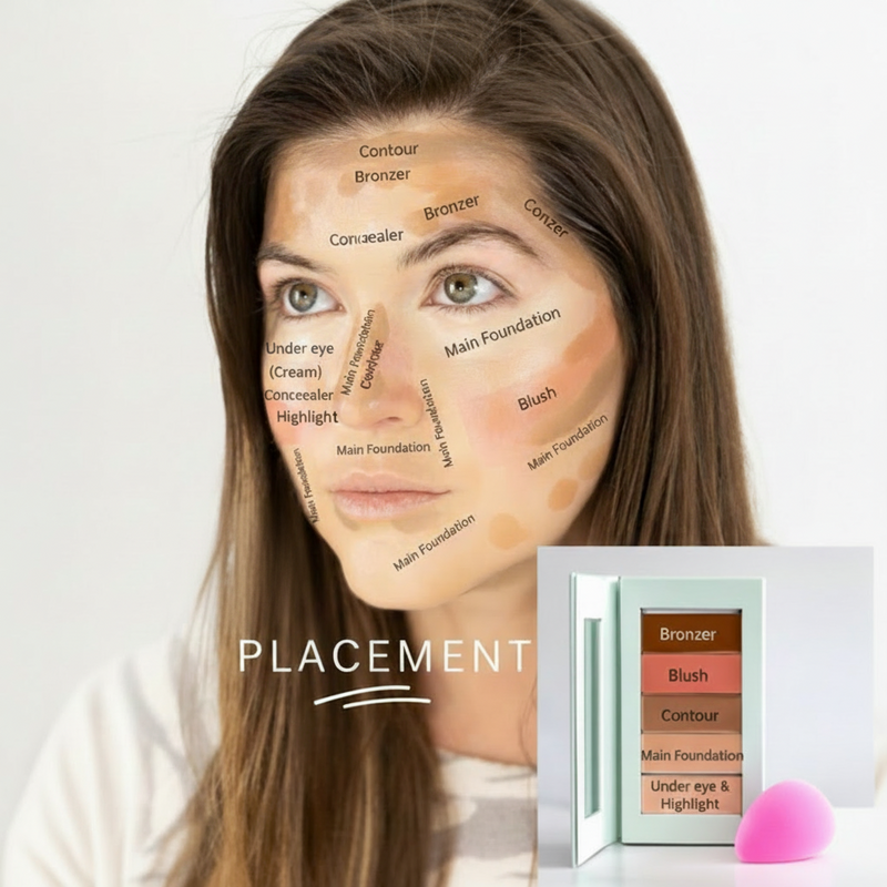 Woman's face with makeup placement guide and a palette of makeup products. Natural makeup