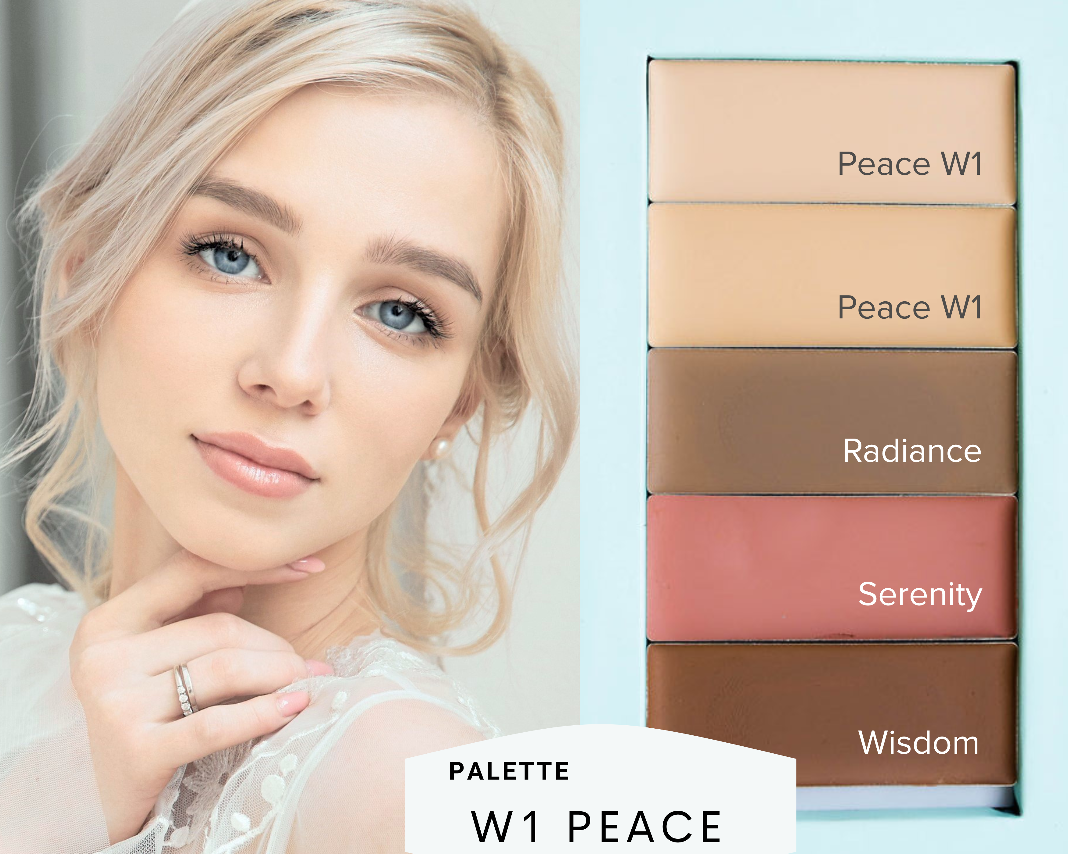 Woman with blonde hair and blue eyes next to a makeup palette labeled 'W1 Peace'. natural makeup pre-built palette