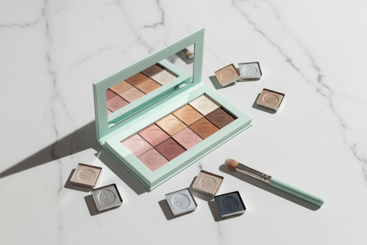 Makeup palette with eyeshadows and a brush on a marble surface natural makeup