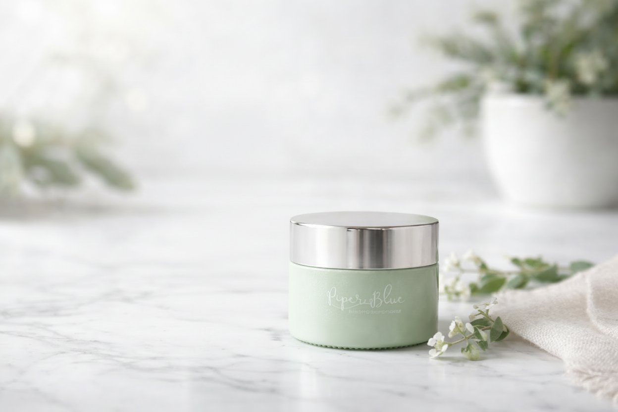 Mint green jar with silver lid on a light surface with blurred background Natural makeup
