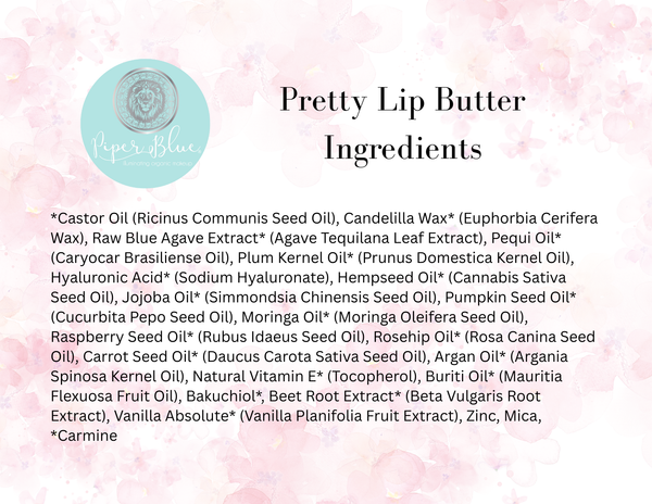 List of ingredients for Pretty Lip Butter on a pink floral background