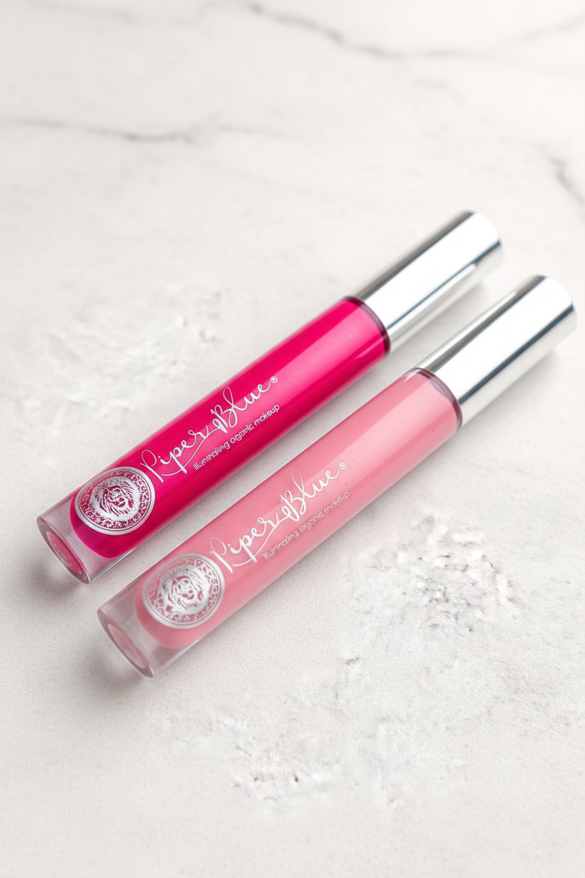 Two pink lip glosses with silver caps on a light gray background