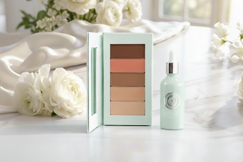Makeup palette and bottle on a white surface with flowers in the background