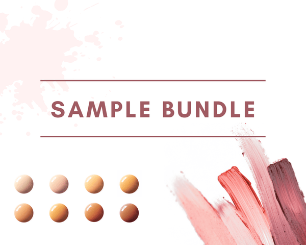 Sample Bundle listed in the middle, with  drops of product in the left with swatches of shades of pink lip butter in the right corner